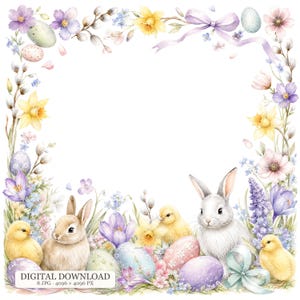 May include: A square decorative frame featuring watercolor illustrations of yellow daffodils, purple crocuses, pussy willow branches, pastel-colored Easter eggs, a white rabbit, a brown rabbit, and yellow chicks with a light purple ribbon.