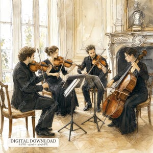 Könnte beinhalten: Eine Aquarellillustration eines Streichquartetts mit zwei Geigern, einem Bratschisten und einem Cellisten, alle in schwarzer Abendgarderobe, die in einem hellen Raum mit Kamin spielen. Die Musiker sitzen auf hölzernen Stühlen.