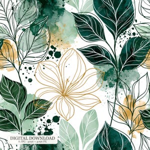 Könnte beinhalten: Ein digitales Muster mit dunkelgrünen und hellgrünen Aquarellspritzern sowie goldener und schwarzer Strichzeichnung von Blättern und einer zentralen Blume. Das Bild enthält unten den Text DIGITAL DOWNLOAD 8 JPG 4096 x 4096 PX.