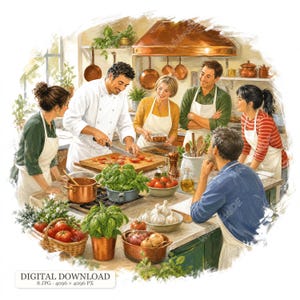 Op de afbeelding: Een digitale illustratie van een groep mensen in een keuken die eten bereiden. Een chef-kok in een wit jasje snijdt tomaten op een houten plank. Anderen dragen schorten en werken met verse producten, waaronder tomaten, basilicum en knoflook. Tekst: DIGITAL DOWNLOAD 8 JPG 4096 x 4096 PX.