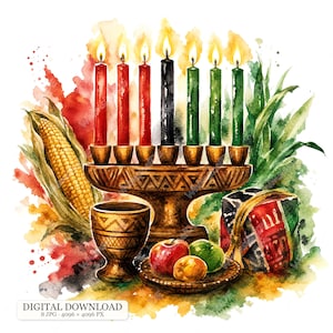 Puede incluir: Una ilustración en acuarela de un kinara de Kwanzaa con siete velas encendidas en rojo, negro y verde. La escena incluye un cáliz dorado, un plato con tres manzanas, una mazorca de maíz y una cesta estampada sobre un fondo de salpicaduras.