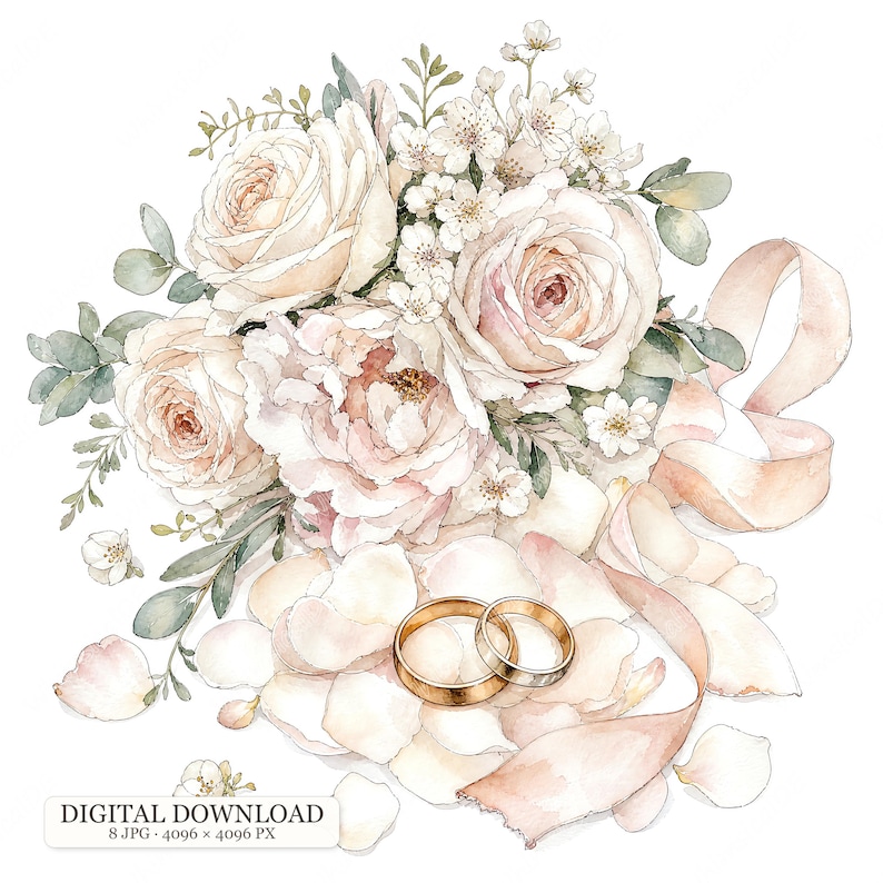 8 JPG Wedding Clipart, Bridal Bouquet Rings and Cake Watercolor Details 8 JPG Wedding Clipart, Bridal Bouquet Rings and Cake Watercolor Details