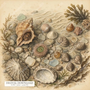May include: A digital illustration of a sandy beach scene featuring a variety of seashells, smooth pebbles, sea glass, and seaweed. A hermit crab is visible inside a large spiral shell, alongside a sea anemone and various textured marine life.