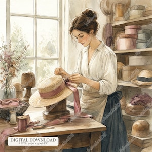 May include: A watercolor illustration of a person in a white shirt and apron working on a straw hat with a pink ribbon. The scene includes a wooden table, spools of thread, and shelves filled with various hat boxes and finished hats in a workshop.