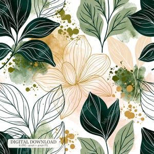 Könnte beinhalten: Ein digitales Muster mit dunkel- und hellgrünen Strichzeichnungen von Blättern, einer zentralen Blume mit goldenen Umrissen und Aquarellspritzern in Olivgrün, Gold und Pfirsich auf weißem Grund. Text: DIGITAL DOWNLOAD 8 JPG 4096 x 4096 PX.