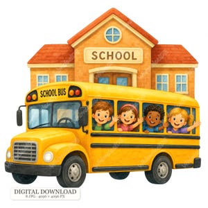 May include: A yellow school bus with four children waving from the windows, positioned in front of a brick school building with the word SCHOOL printed on the facade. The bus features black trim, headlights, and a steering wheel visible inside.