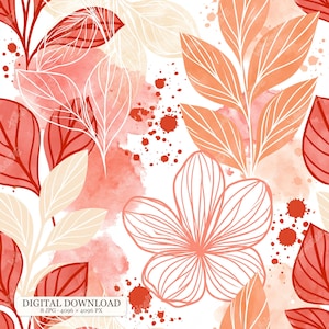 Könnte beinhalten: Ein nahtloses Muster mit weißen Linienzeichnungen von Blättern und Blumen, überlagert mit korallenfarbenen und pfirsichfarbenen Aquarellflecken und Farbspritzern auf weißem Hintergrund. Das Design enthält botanische Formen und Tintenpunkte.