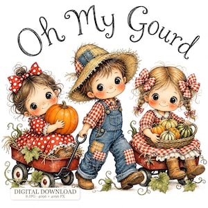 8 JPG Oh My Gourd Pumpkin Patch Kids, Fall Farmhouse Children Clipart, Country Harvest Illustrations, Autumn Gingham Kids Art