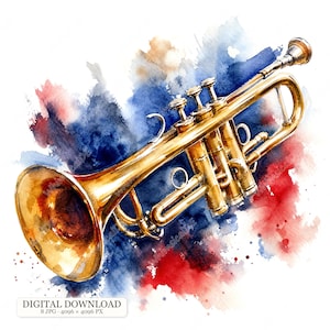 Op de afbeelding: Een gouden koperen trompet afgebeeld in aquarel-stijl, met drie ventielen en een brede beker. Het instrument staat tegen een levendige, abstracte achtergrond van gemengde blauwe en rode verfspatten. Tekst: DIGITAL DOWNLOAD 8 JPG 4096 x 4096 PX.
