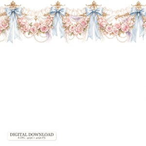 May include: A horizontal decorative border featuring repeating light blue satin bows, clusters of soft pink roses, white feathers, and draped pearl strings. The design includes ornate gold filigree accents and lace trim elements.