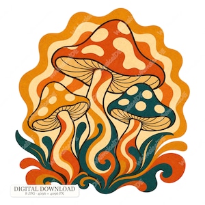 Könnte beinhalten: Eine digitale Illustration mit drei Pilzen mit wellenförmigen, fließenden Stielen und Kappen in Orange-, Blaugrün- und Cremetönen. Der Hintergrund besteht aus wirbelnden, organischen orangefarbenen Formen. Der Text unten lautet DIGITAL DOWNLOAD 8 JPG 4096 x 4096 PX.