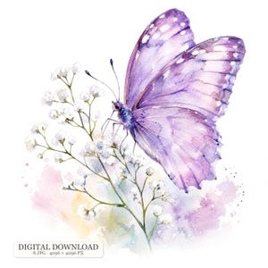May include: A watercolor illustration of a purple butterfly perched on a sprig of white baby's breath flowers. The artwork features soft, blended pastel washes of pink, yellow, and purple beneath the floral stem. Text reads DIGITAL DOWNLOAD.