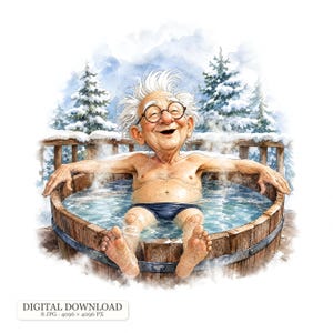 Op de afbeelding: Een aquarelillustratie van een ouder persoon met wit haar en een ronde bril, glimlachend in een stomende houten hottub. De scène toont een besneeuwde buitenomgeving met dennenbomen en een houten reling op de achtergrond.