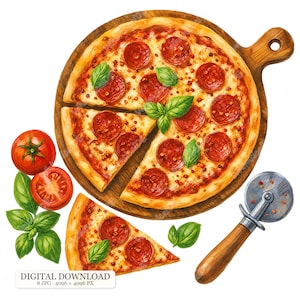 Könnte beinhalten: Eine Pepperoni-Pizza auf einem hölzernen Servierbrett mit einem herausgenommenen Stück, begleitet von einer ganzen Tomate, einer Tomatenscheibe, frischen grünen Basilikumblättern und einem Pizzaschneider aus Metall. Text: DIGITAL DOWNLOAD 8 JPG 4096 x 4096 PX.