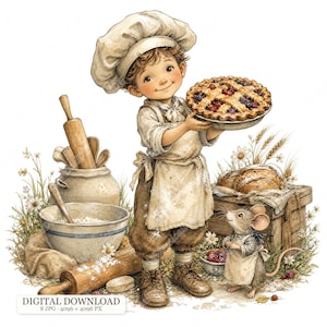 8 JPG Storybook Baker Boy Clipart, Cottagecore Bakery Illustrations, Vintage Kids Baking Bread And Pies, Cute Mouse Friend Art