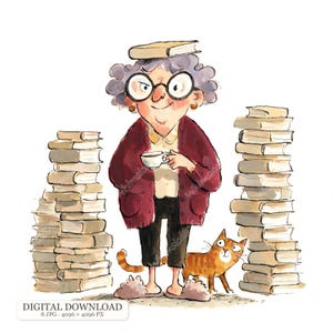 8 JPG Funny Book Grandma, Whimsical Reading Illustration, Cozy Library Art, Humorous Grandma Character