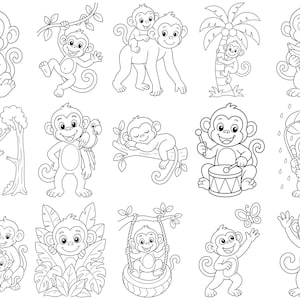 Pode incluir: Uma coleção de quinze ilustrações de arte linear em preto e branco apresentando macacos de desenho animado em várias atividades, incluindo comer bananas, subir em árvores, tocar bateria, dormir em galhos e balançar em um pneu.
