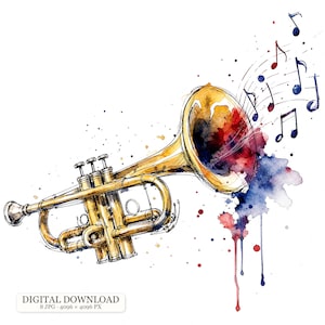 Könnte beinhalten: Eine Aquarellillustration einer goldenen Trompete mit schwarzen Tuscheumrissen. Das Instrument ist von lebhaften Spritzern in Rot, Blau und Gelb umgeben, mit schwebenden Musiknoten. Text: DIGITAL DOWNLOAD 8 JPG 4096 x 4096 PX.