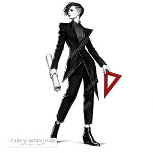Könnte beinhalten: Eine schwarz-weiße digitale Illustration einer Person mit kurzem Haar, die einen strukturierten schwarzen Blazer und eine Hose trägt. Die Figur hält ein gerolltes Papierdokument in der einen und ein rotes Dreieckslineal in der anderen Hand. Text DIGITAL DOWNLOAD.