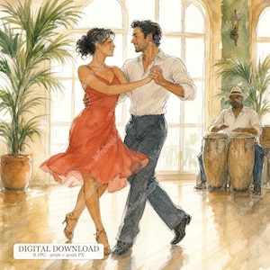 Peut inclure: Une illustration à l'aquarelle de deux personnes dansant dans une pièce lumineuse avec de grandes fenêtres et des palmiers en pot. L'une porte une robe rouge fluide et des talons, l'autre une chemise blanche et un pantalon sombre. Un musicien joue des congas.