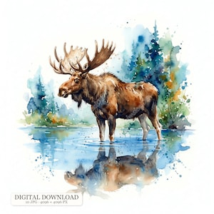 Könnte beinhalten: Eine Aquarellillustration eines braunen Elchs mit großem Geweih, der im blauen Wasser steht. Der Hintergrund zeigt abstrakte blaue und grüne Waldformen. Der Text DIGITAL DOWNLOAD 10 JPG 4096 x 4096 PX ist unten links zu sehen.