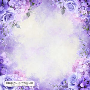 May include: A digital background featuring a watercolor-style texture in shades of light purple and white. The border is decorated with clusters of purple roses, hydrangeas, and small blossoms. The text reads DIGITAL DOWNLOAD 8 JPG 4096 x 4096 PX.