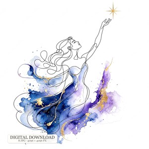 Puede incluir: Una ilustración digital que presenta un dibujo de línea negra continua de una figura que alcanza una estrella dorada. La figura está adornada con salpicaduras de acuarela fluidas en tonos azul profundo y morado, acentuadas con texturas de pan de oro.