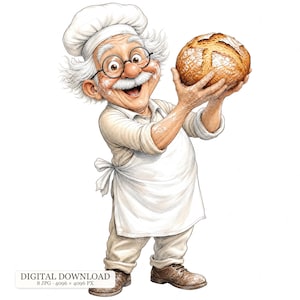 8 JPG Funny Baker Grandpa Clipart, Cartoon Bread Baking Character, Whimsical Chef Illustration, Bakery Kitchen Clip Art
