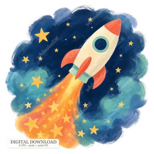 Può includere: Un'illustrazione digitale di un razzo color crema con punta e alette rosse, che si lancia in uno spazio blu scuro pieno di stelle gialle. Una scia di scarico arancione e gialla brillante si estende dalla base del razzo.