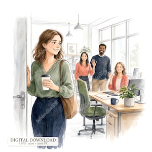 May include: A watercolor illustration of a person entering an office holding a coffee cup, with three colleagues in the background. The text reads DIGITAL DOWNLOAD 8 JPG 4096 x 4096 PX. The scene includes office furniture, a desk, and a computer.