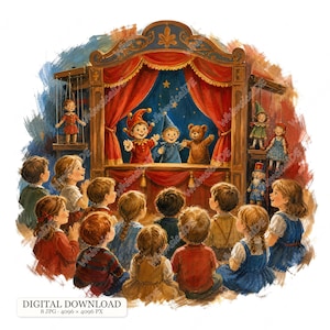 Könnte beinhalten: Eine digitale Illustration eines Puppentheaters mit roten Vorhängen und einem blauen Sternenhintergrund. Auf der Bühne spielen drei Puppen vor einer Gruppe von Kindern. Der Text unten lautet: DIGITAL DOWNLOAD 8 JPG 4096 x 4096 PX.