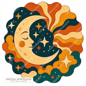 Könnte beinhalten: Eine kreisförmige grafische Illustration mit einer Mondsichel mit Gesicht, geschlossenen Augen und roten Wangen. Der Mond ist von dunkel-türkisfarbenen, orangefarbenen und cremefarbenen Wellenformen, Sternen und Punkten umgeben. Text unten: DIGITAL DOWNLOAD 8 JPG 4096 x 4096 PX.