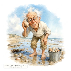 8 JPG Funny Grandpa Shell Collecting Clipart, Beach Combing Old Man, Seashell Bucket, Hermit Crab, Starfish, Seaside Humor Characters