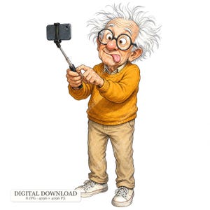 May include: An illustration of an elderly person with wild white hair, round glasses, and a red nose, wearing a mustard yellow jumper and beige trousers. The person is holding a black smartphone on a selfie stick and sticking their tongue out.