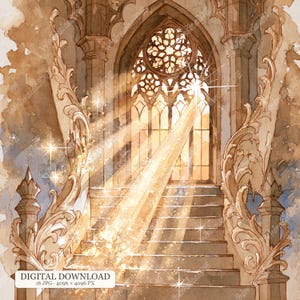 Könnte beinhalten: Eine Aquarellillustration einer Steintreppe, die zu einem großen Bogenfenster mit komplexem Maßwerk führt. Goldenes Licht strömt durch das Glas und erzeugt helle Strahlen sowie funkelnde Staubpartikel. Verzierte Säulen rahmen die Szene ein.