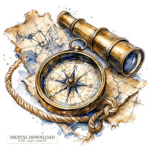 May include: A watercolour illustration featuring a brass nautical telescope, a round brass compass with a directional star, and a coiled rope resting on a weathered, aged map with blue ink splatters. The text DIGITAL DOWNLOAD 8 JPG 4096 x 4096 PX is visible.
