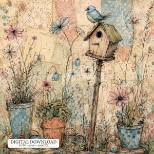 Könnte beinhalten: Eine digitale Illustration mit einem blauen Vogel, der auf einem hölzernen Vogelhaus auf einem Pfosten sitzt, umgeben von Topfblumen in blauen und terrakottafarbenen Gefäßen. Der Hintergrund besteht aus einer Collage aus strukturiertem Papier.