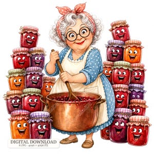 8 JPG Rolig Sylttillverkning Mormor Clipart, Tecknad Mormor Lagar Sylt, Akvarell Köksfigur, Rolig Bakande Mormor