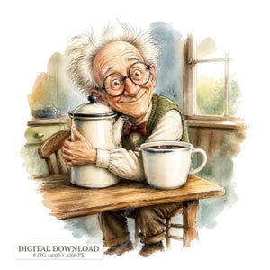 Op de afbeelding: Een ouder persoon met warrig wit haar en een ronde bril draagt een groen vest en een rode vlinderdas. Ze zitten aan een houten tafel en omhelzen een witte koffiepot naast een witte mok gevuld met zwarte koffie. Een aquarelillustratie.