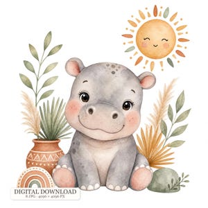 Può includere: Un'illustrazione ad acquerello di un cucciolo di ippopotamo grigio seduto al centro, affiancato da un vaso in terracotta con foglie verdi ed erba della pampa, un piccolo arcobaleno, una pietra verde e un sole sorridente con raggi arancioni e verdi.