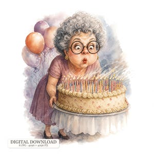 Op de afbeelding: Een aquarelillustratie van een ouder persoon met krullend grijs haar en een ronde bril, gekleed in een mauve jurk, die kaarsjes op een grote ronde taart uitblaast. Een tros oranje, roze en witte ballonnen zweeft aan de linkerkant.
