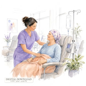 Könnte beinhalten: Eine Aquarellillustration einer Pflegekraft in lila Arbeitskleidung, die einen Patienten mit geblümtem Kopftuch im Sessel betreut. Ein Infusionsständer mit Beutel und Monitor steht daneben. Der Text lautet DIGITAL DOWNLOAD 8 JPG 4096 x 4096 PX.
