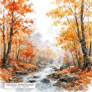 Könnte beinhalten: Ein Aquarellbild einer herbstlichen Waldszene mit einem fließenden Bach, umgeben von Bäumen mit leuchtend orangefarbenen, roten und gelben Blättern. Große graue Steine liegen am Wasserlauf und gefallenes Laub bedeckt den Boden.