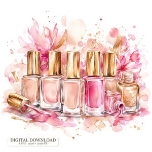 Könnte beinhalten: Eine Sammlung von Nagellackflaschen aus Glas mit goldenen Verschlüssen in Rosa-, Nude- und Goldglittertönen. Die Flaschen sind vor einem Aquarellhintergrund mit rosa und goldenen Farbspritzern angeordnet, wobei eine Flasche auf der Seite liegt.