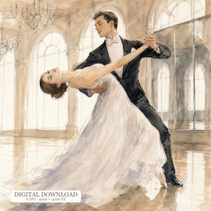 Könnte beinhalten: Eine Aquarellillustration eines tanzenden Paares in einem Ballsaal. Eine Person trägt ein langes weißes Kleid mit dünnen Trägern, die andere einen schwarzen Smoking mit weißem Hemd und Fliege. Der Text DIGITAL DOWNLOAD 8 JPG 4096 x 4096 PX ist zu sehen.