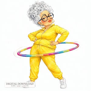 Könnte beinhalten: Eine Cartoon-Illustration einer älteren Person mit lockigem weißem Haar, die einen gelben Trainingsanzug und eine große Brille mit schwarzem Rand trägt und einen bunten, gestreiften Hula-Hoop-Reifen um die Taille schwingt. Text DIGITAL DOWNLOAD.