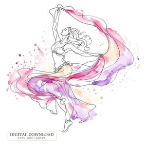 Peut inclure: Un dessin au trait noir continu représentant une danseuse en mouvement, avec des tissus fluides et des éclaboussures d'aquarelle dans des tons rose, violet et orange. Le texte DIGITAL DOWNLOAD 8 JPG 4096 x 4096 PX est visible en bas à gauche.