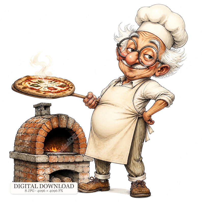 8 JPG Funny Pizza Grandpa Clipart, Italian Pizza Chef Illustration, Wood Fired Oven Watercolor, Whimsical Baker Cartoon Bild 1