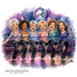 Könnte beinhalten: Eine digitale Illustration von sechs Personen mit verschiedenen Haarfarben, die langärmelige Paillettenoberteile und schwarze Hosen tragen und mit einem erhobenen Bein unter einer Discokugel posieren. Der Text "DIGITAL DOWNLOAD 8 JPG 4096 x 4096 PX" steht unten.