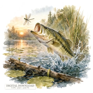 May include: A watercolor illustration of a largemouth bass leaping from a lake with its mouth open toward a dragonfly. The scene includes a fallen log, lily pads, tall grasses, and a sunset background. Text reads: DIGITAL DOWNLOAD 8 JPG 4096 x 4096 PX.
